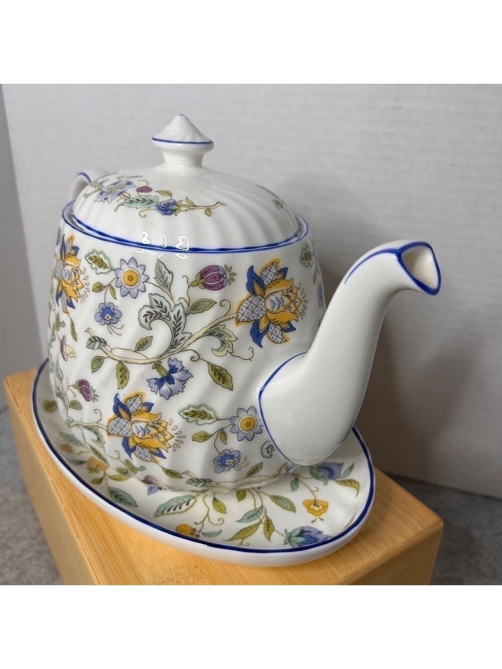 Minton Hadden Hall Blue Floral Bone China Teapot w Underplate Nice Condition